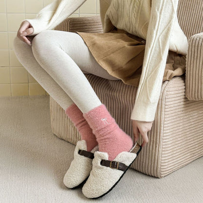 Winter Bow Embroidered Thick Plush Crew Socks