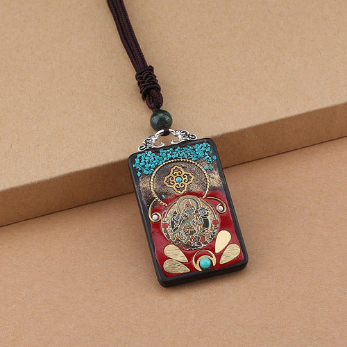 Vintage Nepal Thangka God Of Wealth Buddha Elephant God Ebony Pendant Necklace Exotic Sweater Chain