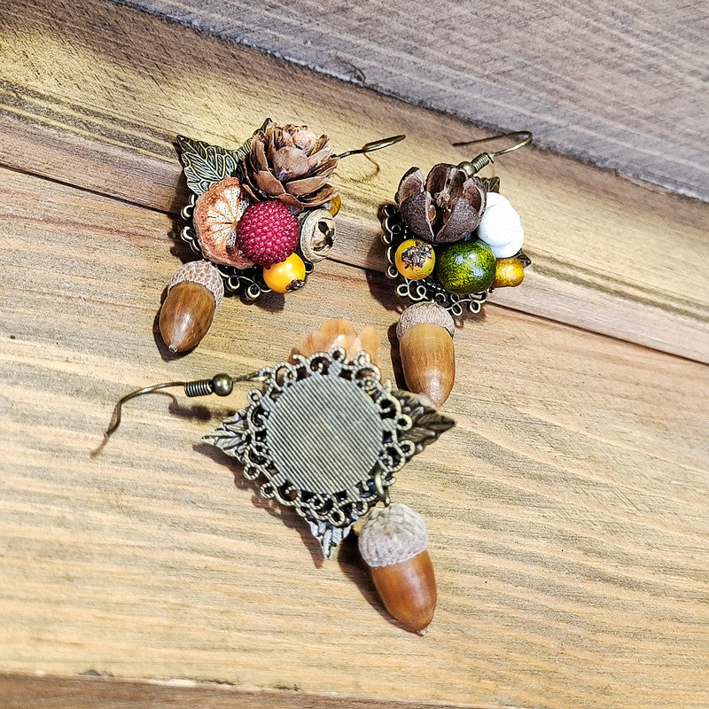 Rustic Leaf Acorn Earrings Handmade Floral Wooden Jewelry