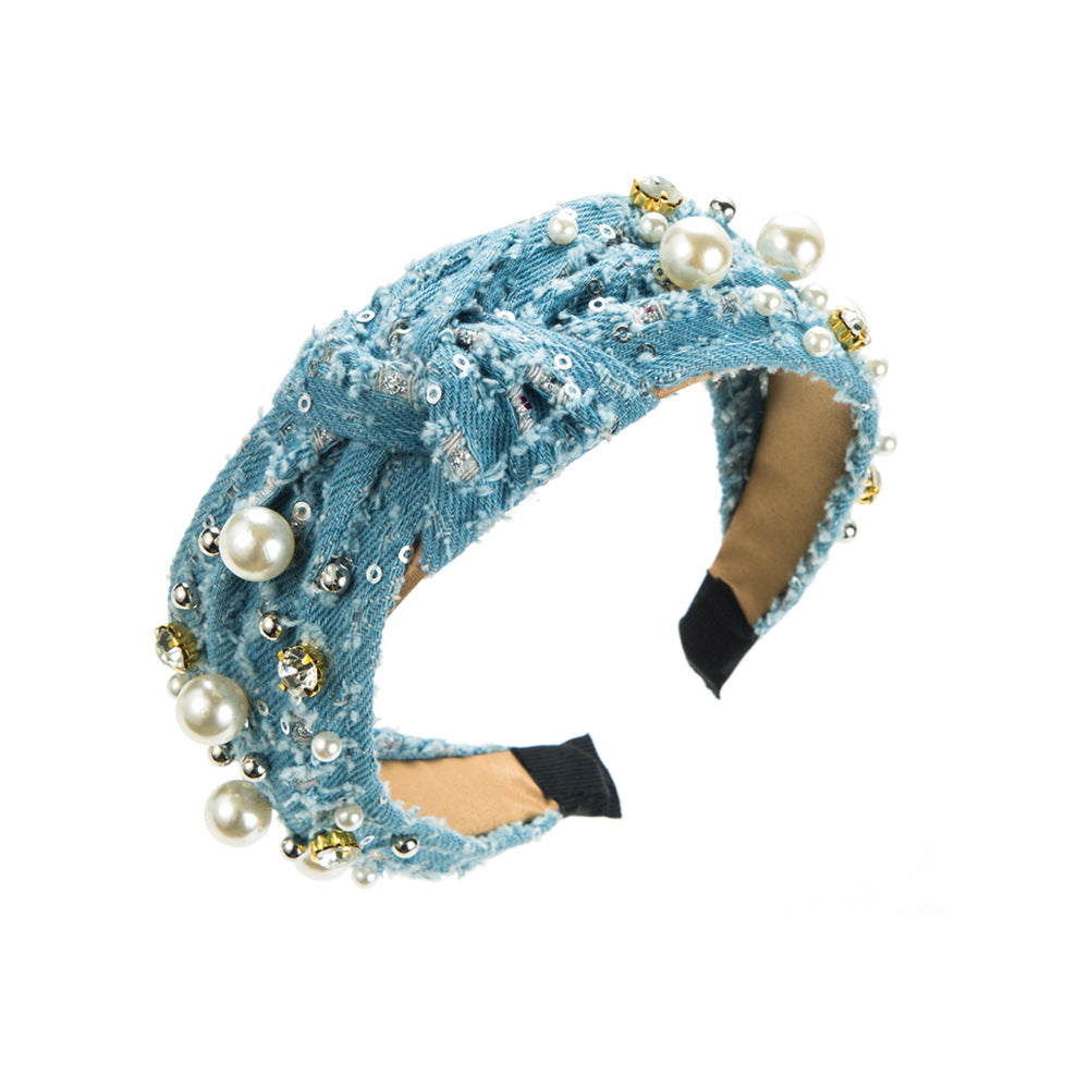Trendy Denim Headband With Pearl Sequins For Women