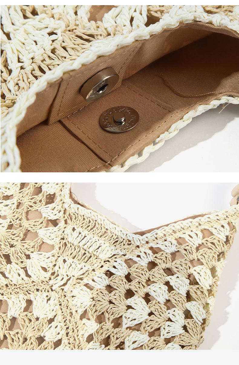 Paper Rope Woven Beach Bag with Block Design