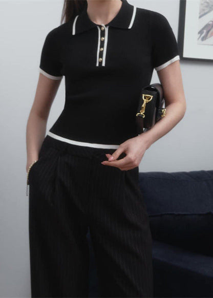 Ribbed Knit Polo Top with Contrast Trim