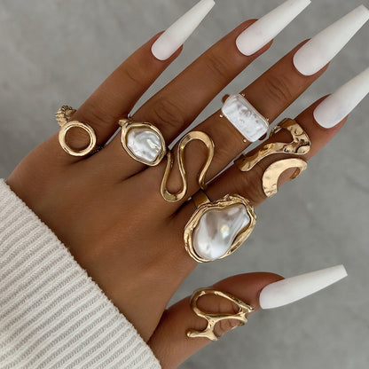 Irregular Pearl Ring Set Trendy Gold Retro Geometric Statement Rings