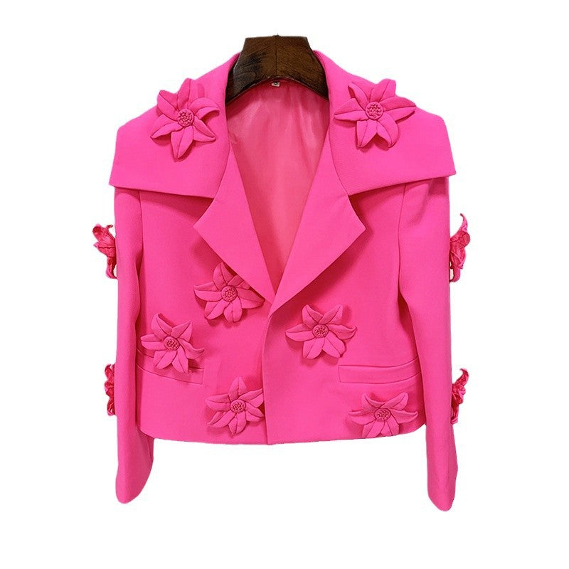 Fluorescent Pink Floral Embroidered Short Blazer