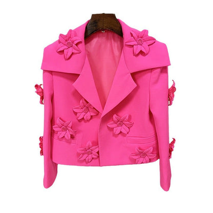Fluorescent Pink Floral Embroidered Short Blazer