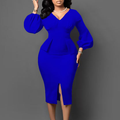 V-Neck Puff Sleeve High Waist Pencil Dress