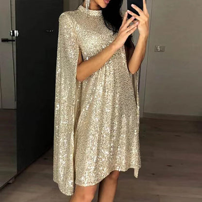 Sequin Long Sleeve Cape Dress with Stand Collar for Women