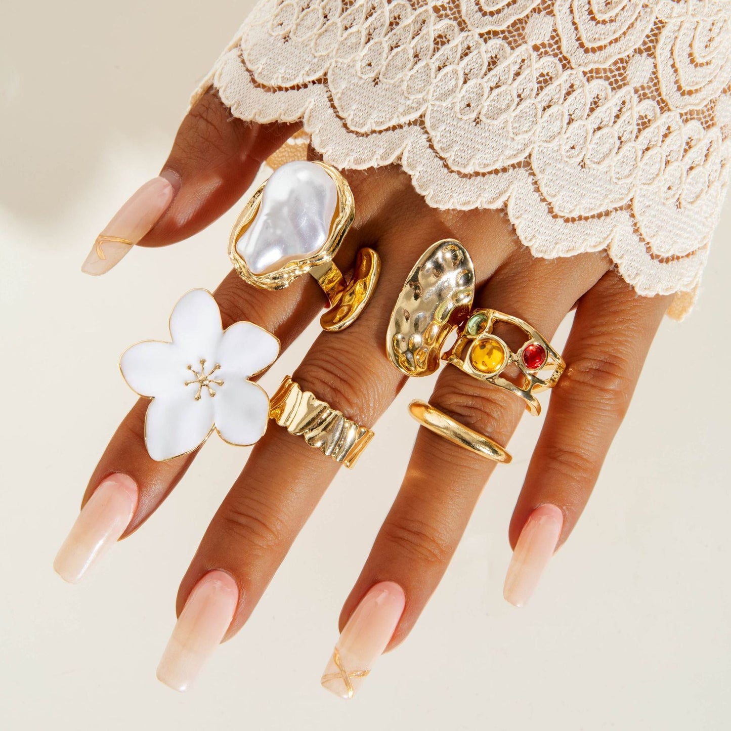 Flower-Decorated Pearl Ring Set Retro Baroque Geometric Rings
