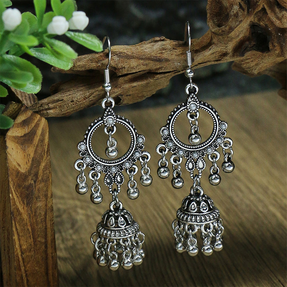 Vintage Tribal Silver Earrings with Beads and Tassels
