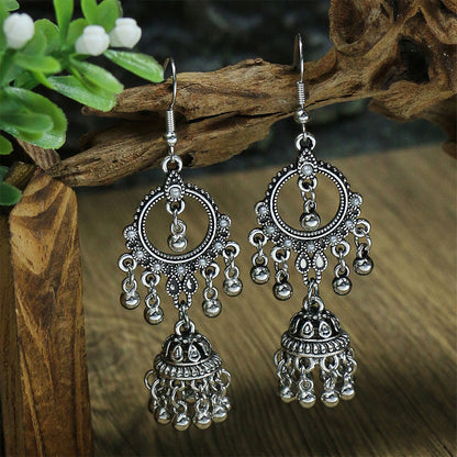 Vintage Tribal Silver Earrings with Beads and Tassels