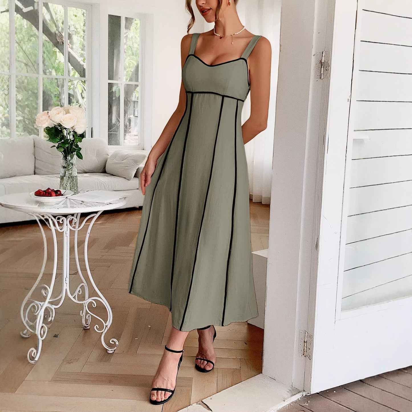 Casual V Neck A-Line Maxi Dress for Women