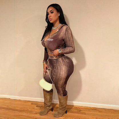 Trendy Print Cardigan & High Waist Leggings Set