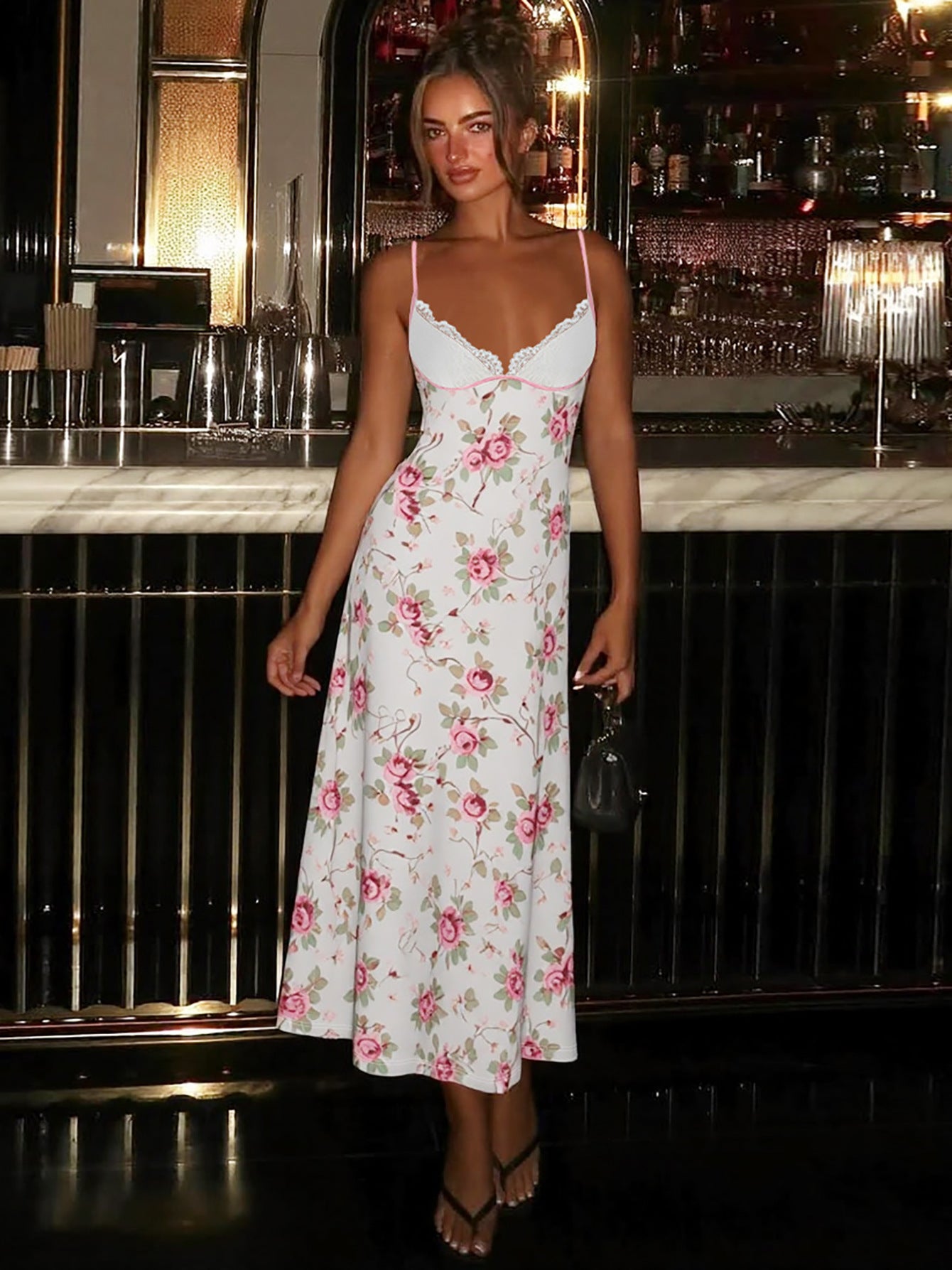 Floral Print V-Neck Lace Maxi Dress