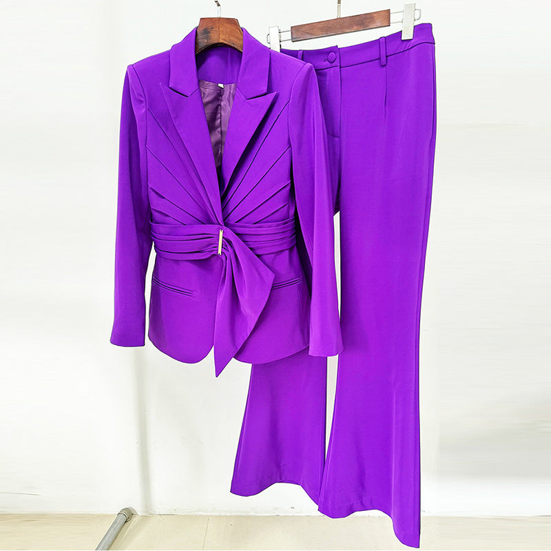 Stylish Irregular Belted Blazer Pantsuit Set