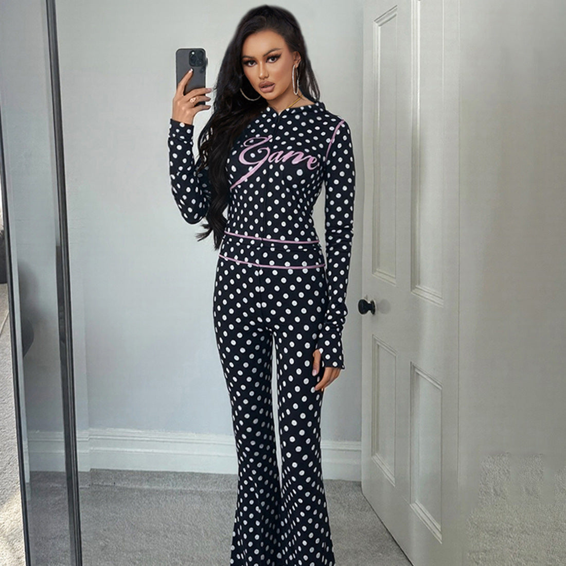 Dot Letter Print Hooded Crop Top And Long Pants Set
