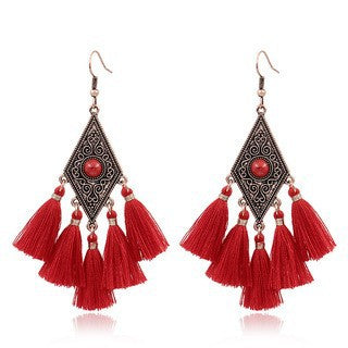 Red Geometric Tassel Earrings Bohemian Style