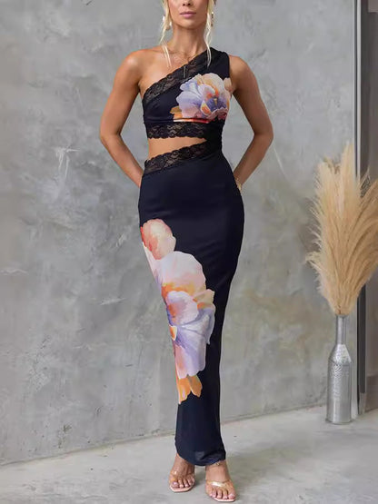 Black Floral Lace Mesh Bodycon Dress for Women