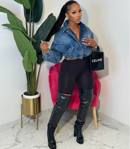 Trendy Women'S Denim Jacket With Drawstring And Zip Closure