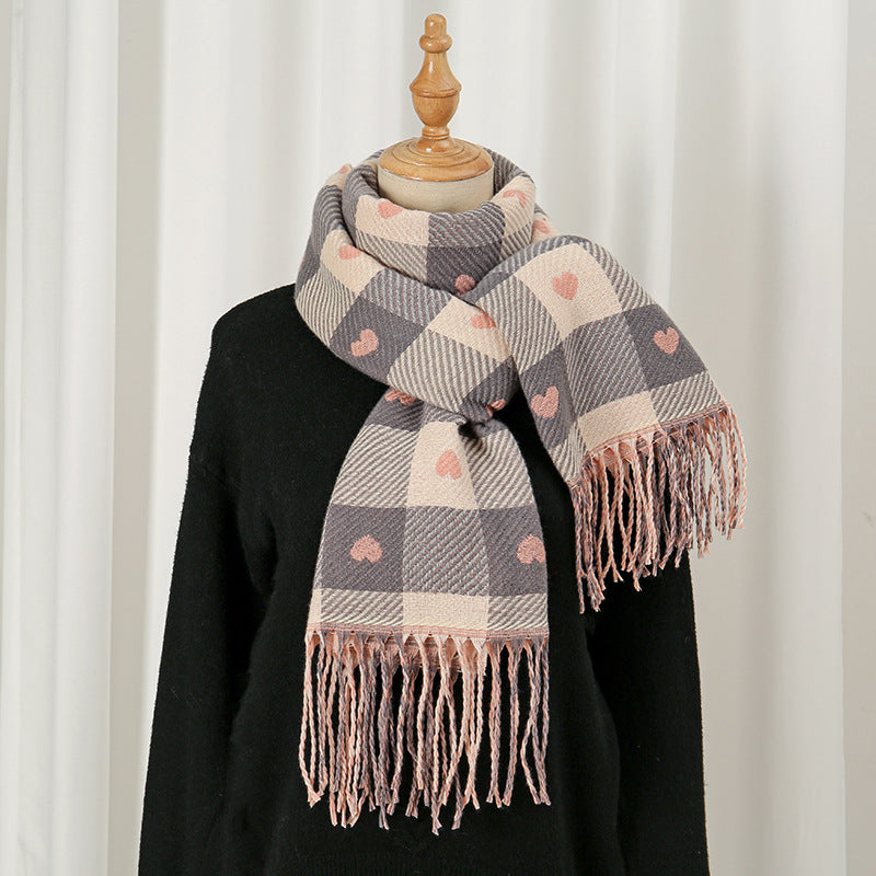 Sscarvii - Heart Print Plaid Winter Scarf