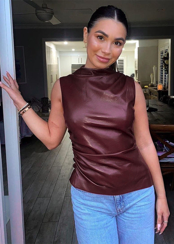 Asymmetric High Neck Eco Leather Top Sleeveless