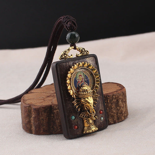 Vintage Nepal Thangka God Of Wealth Buddha Elephant God Ebony Pendant Necklace Exotic Sweater Chain