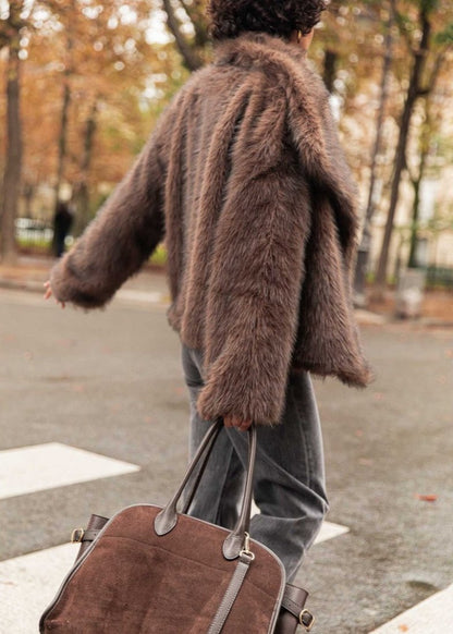 Faux Fur Jacket Plush Texture Dark Brown