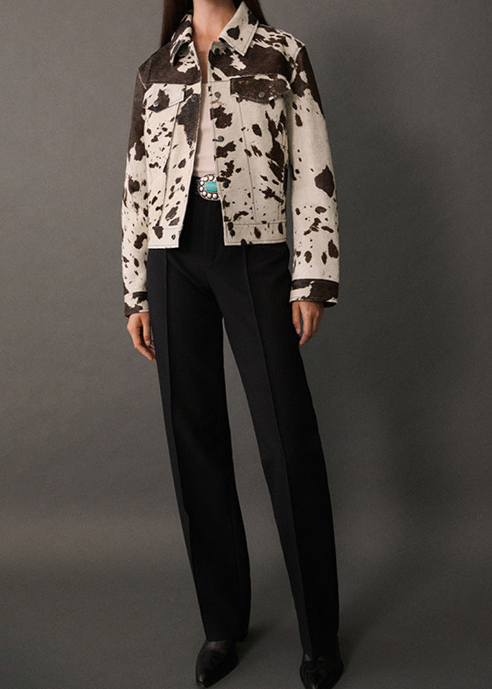 Cow Print Faux Fur Jacket With Denim Style