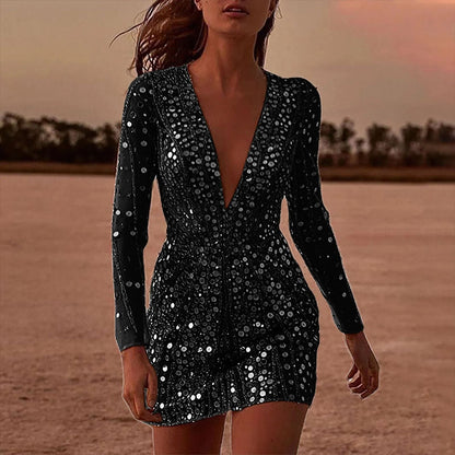 Deep V Sequin Long Sleeve Dress for Women