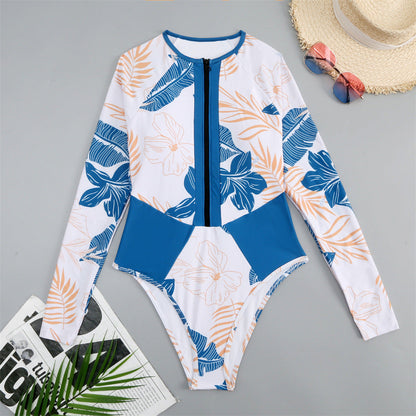 New Ladies Long Sleeve Surfing Suit Printed Zipper Turtleneck One-Piece Swimsuit