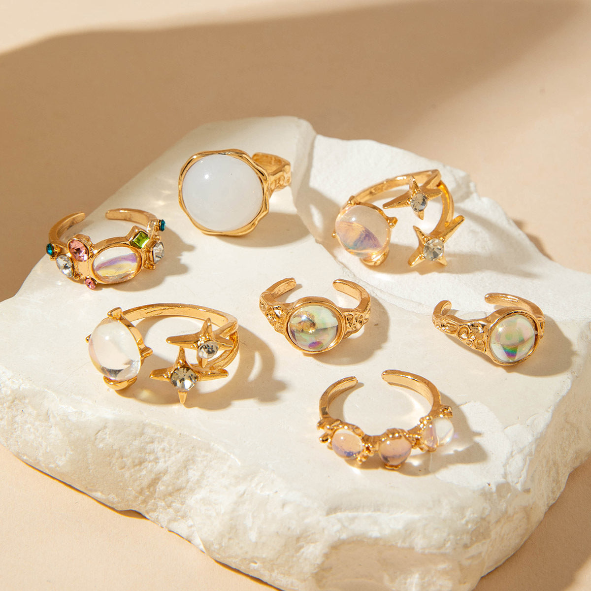Retro Geometric Adjustable Ring Set With Gemstone Inlays
