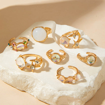 Retro Geometric Adjustable Ring Set With Gemstone Inlays