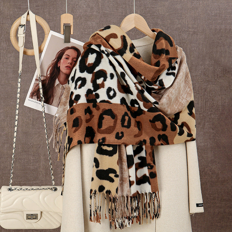 Sscarvii - Leopard Patchwork Tassel Winter Scarf