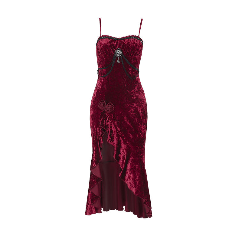 Burgundy Lace Ruffle Maxi Dress for Elegant Occasions