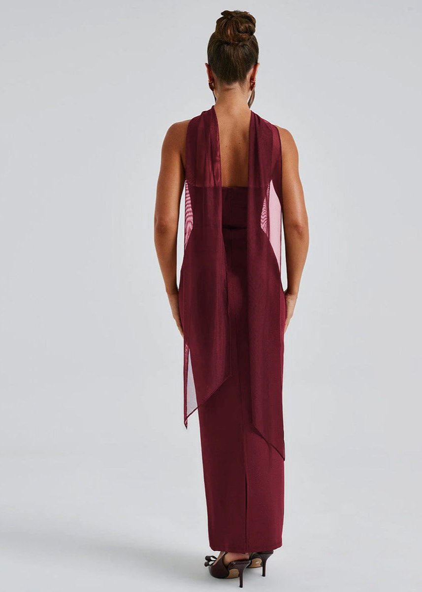 Maxi Dress Stretch Fabric Halter Neckline Burgundy