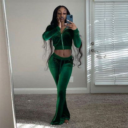 Zip-Up Hooded Crop Top And High-Waisted Flare Pants Set