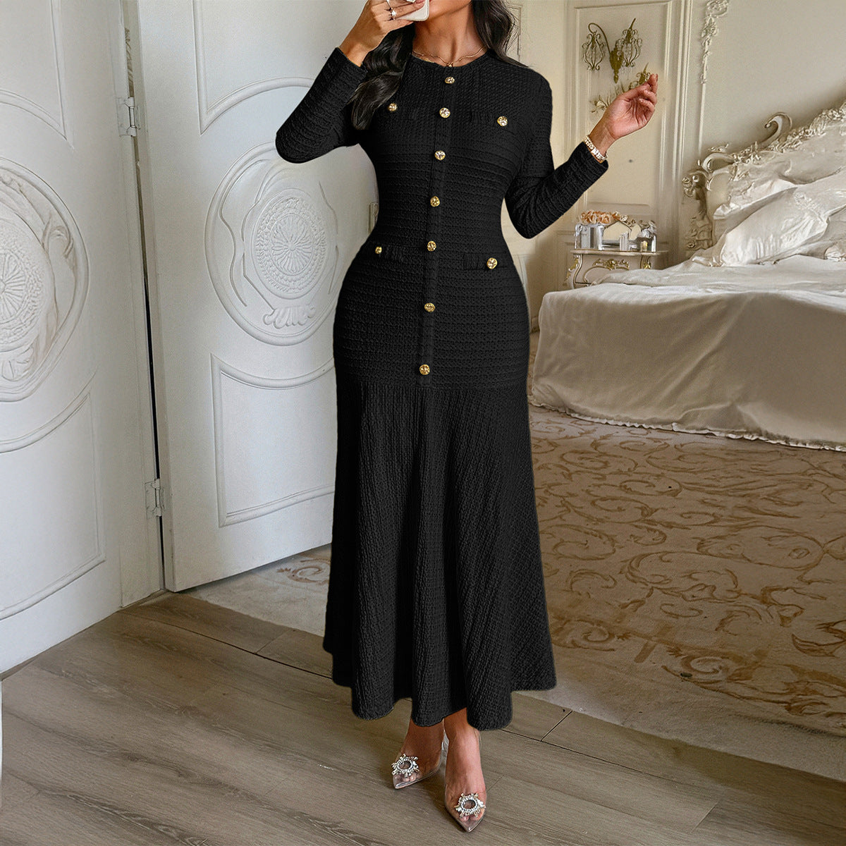 Elegant Solid Color Midi Dress for Women
