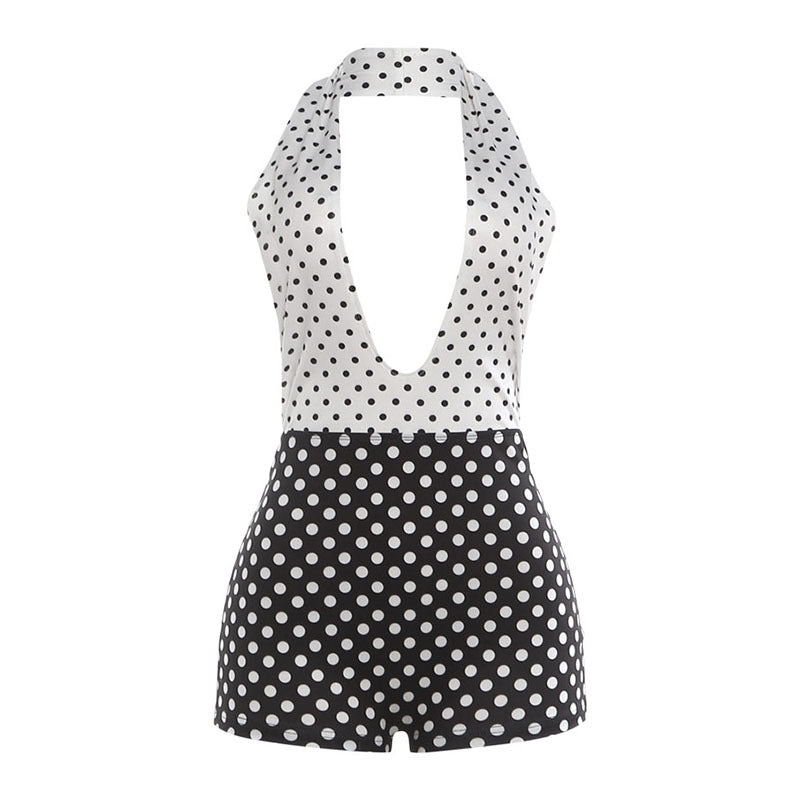 Polka Dot Print Backless Jumpsuit In Black
