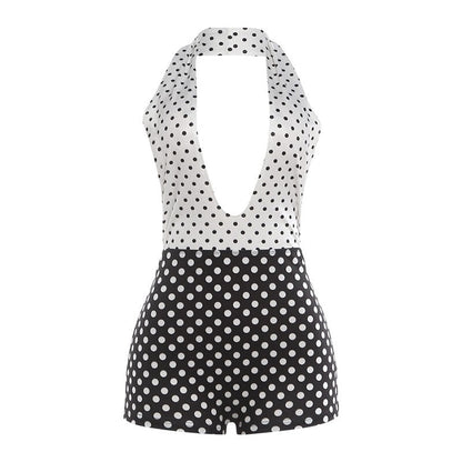 Polka Dot Print Backless Jumpsuit In Black