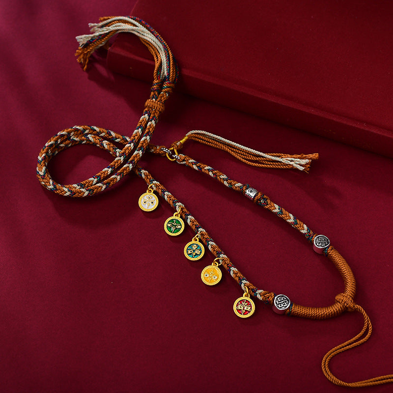 Hand-Woven Tibetan Pendant Rope Five-Way God Of Wealth Thangka Necklace