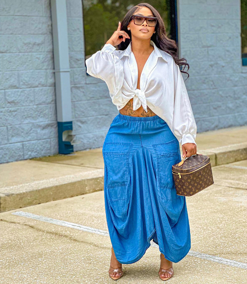Trendy Casual Blue Midi Skirt With 3D Effect