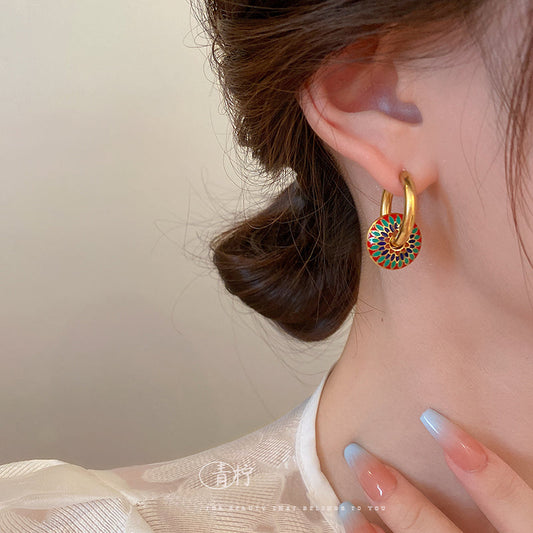 Titanium Steel Pattern Circle Earrings Women'S High-End Sense Ethnic Style Earrings Accessories