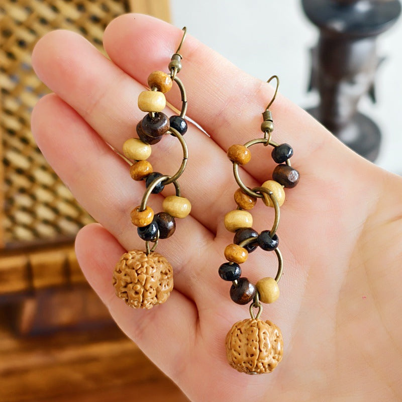 Botanical Pattern Wooden Bead Dangle Earrings