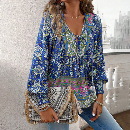 Bohemian Print Long Sleeve Cotton Blouse for Women