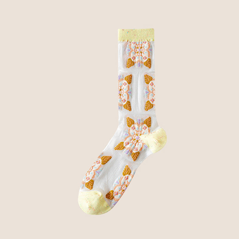 Rufia -  Embroidered Floral Pattern Sheer Socks
