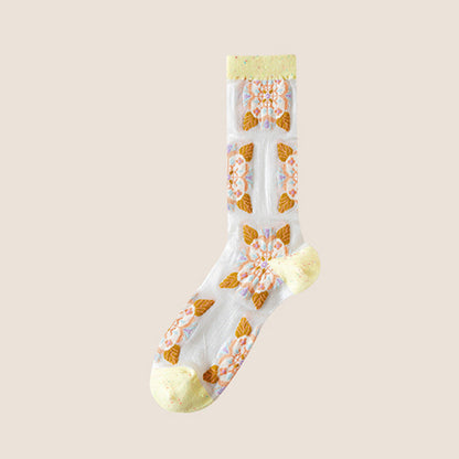 Rufia -  Embroidered Floral Pattern Sheer Socks