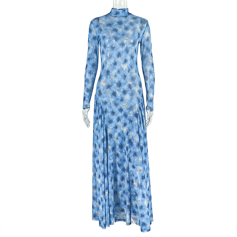 Elegant A-Line Floral Maxi Dress With High Neck Design