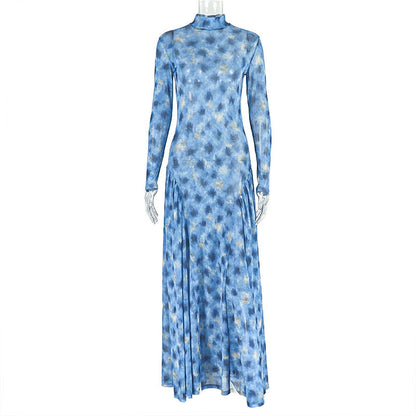Elegant A-Line Floral Maxi Dress With High Neck Design