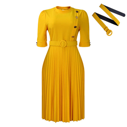 Elegant Solid Color Pleated Button Dress With Belt