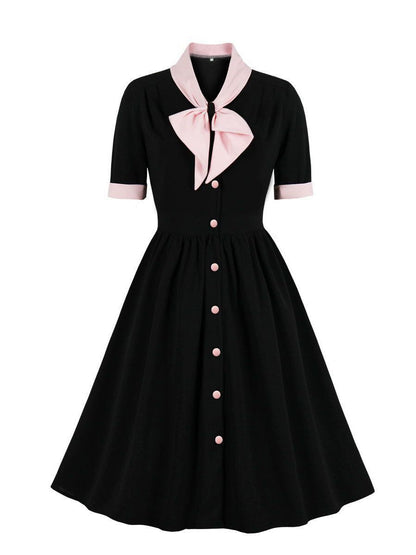 Vintage Style A-Line Dress with Bow, Polyester Fabric