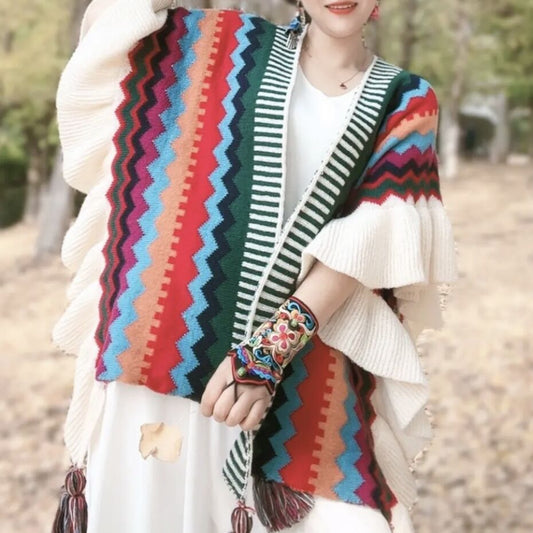 Ethnic Style Shawl Women'S Wooden Ears Fashionably Wear Knitted Cloak